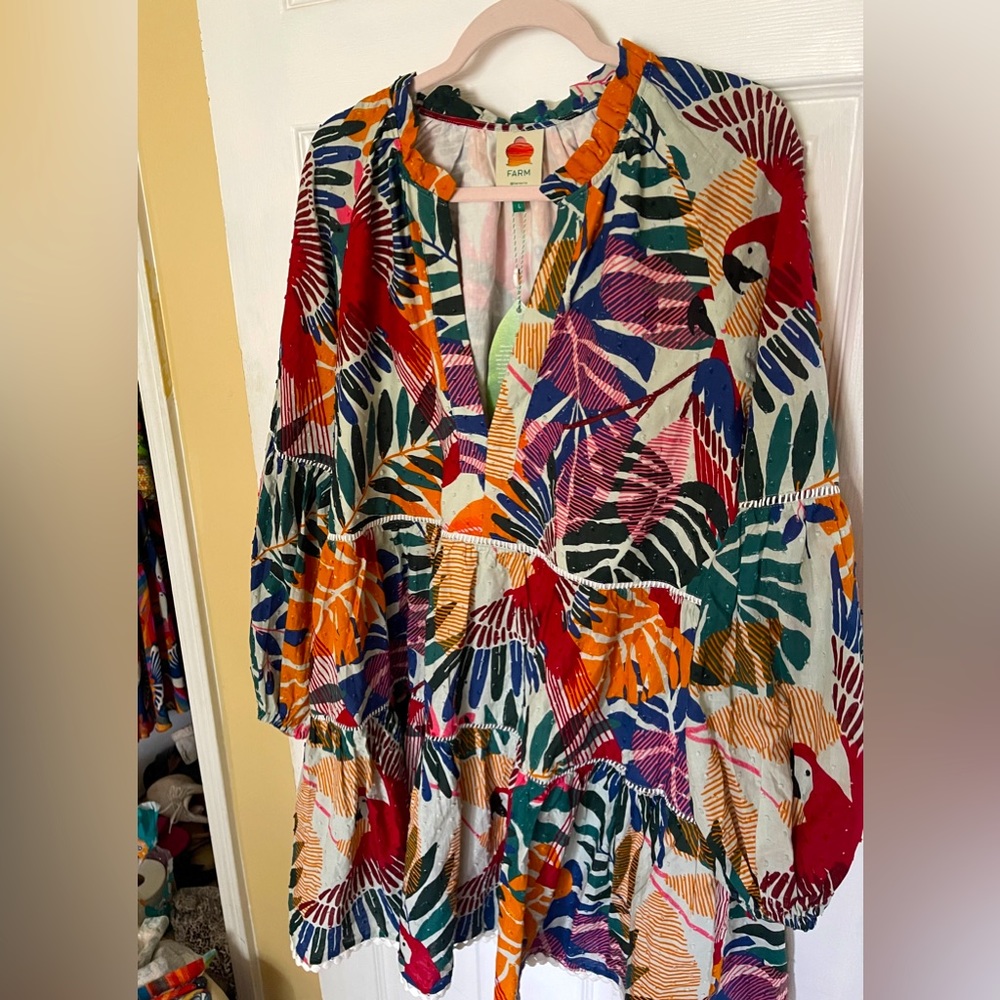 Farm Rio Off White Macaw Mini Dress - Size Large